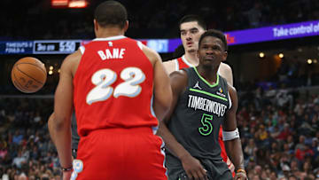 Apr 10, 2025; Memphis, Tennessee, USA; Minnesota Timberwolves guard Anthony Edwards (5) reacts after a dunk during the third quarter against the Memphis Grizzlies at FedExForum. Mandatory Credit: Petre Thomas-Imagn Images