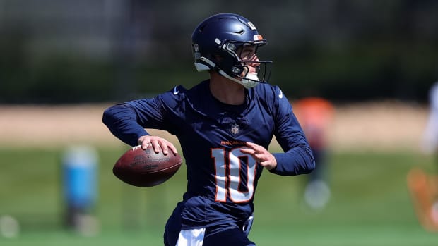 Denver Broncos quarterback Bo Nix (10) during organized team activities at Centura Health Training Center.