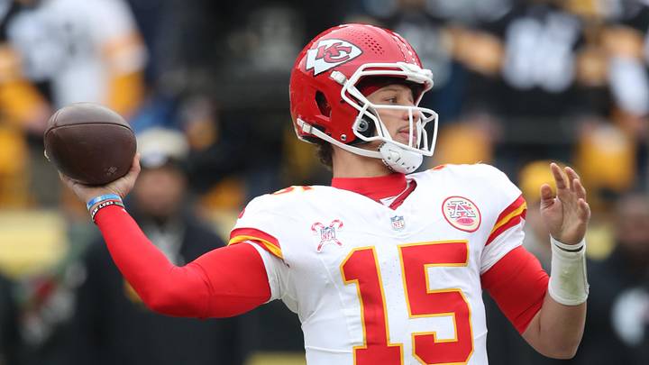 Dec 25, 2024; Pittsburgh, Pennsylvania, USA;  Kansas City Chiefs quarterback Patrick Mahomes (15) passes against the Pittsburgh Steelers during the second quarter at Acrisure Stadium. Mandatory Credit: Charles LeClaire-Imagn Images