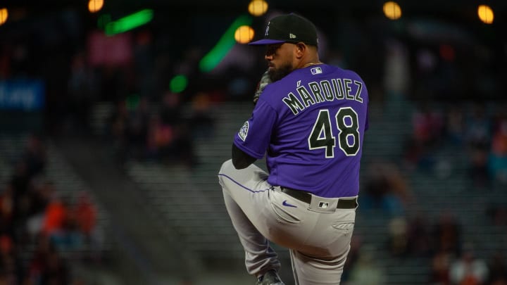 Sep 27, 2022; San Francisco, California, USA;  Colorado Rockies starting pitcher German Marquez (48) throws a pitch during the first inning against the San Francisco Giants at Oracle Park.