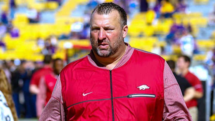 Arkansas Razorbacks head coach Bret Bielema walks the sidelines against LSU during the game at Tiger Stadium.