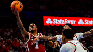 Oklahoma guard Xzayvier Brown attempts a layup against Oklahoma State.