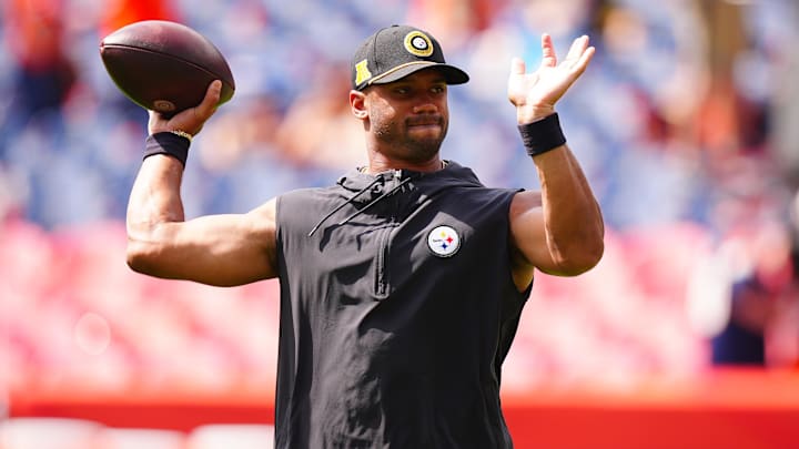 Sep 15, 2024; Denver, Colorado, USA; Pittsburgh Steelers quarterback Russell Wilson (3) warms up before a game against the Denver Broncos at Empower Field at Mile High. Mandatory Credit: Ron Chenoy-Imagn Images