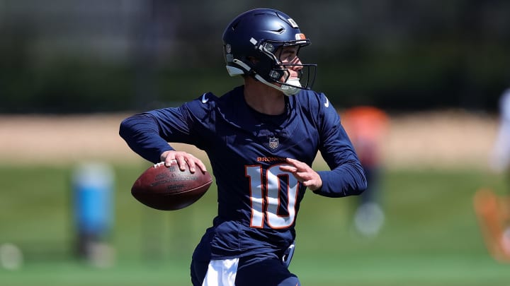 May 23, 2024; Englewood, CO, USA; Denver Broncos quarterback Bo Nix (10) during organized team activities at Centura Health Training Center. 