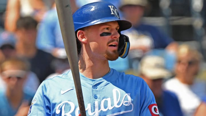 Aug 25, 2024; Kansas City, Missouri, USA;  Kansas City Royals shortstop Bobby Witt Jr. (7) at bat in the third inning against the Philadelphia Phillies at Kauffman Stadium. Mandatory Credit: Peter Aiken-USA TODAY Sports