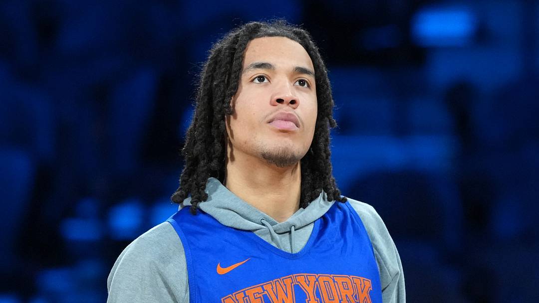 Dec 15, 2025; Las Vegas, NV, USA; New York Knicks forward Pacome Dadiet (4) during practice prior to the Emirates NBA Cup championship at the T-Mobile Arena. Mandatory Credit: Kirby Lee-Imagn Images