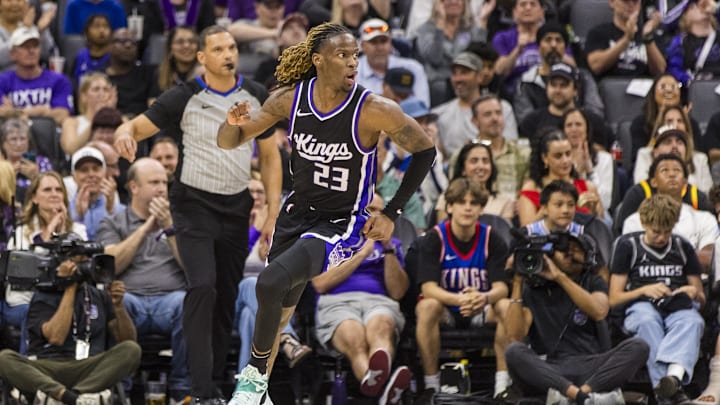 Apr 13, 2025; Sacramento, California, USA; Sacramento Kings guard Keon Ellis (23) reacts after he scored against the Phoenix Suns during the third quarter at Golden 1 Center. Mandatory Credit: John Hefti-Imagn Images Apr 13, 2025; Sacramento, California, USA; Sacramento Kings guard Keon Ellis (23) reacts after he scored against the Phoenix Suns during the third quarter at Golden 1 Center. Mandatory Credit: John Hefti-Imagn Images