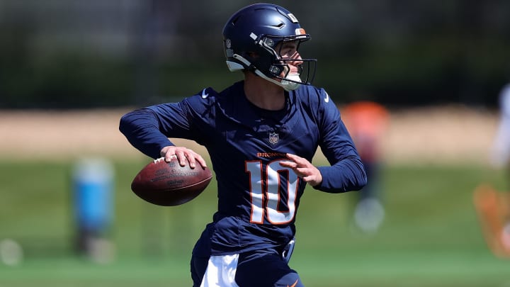 May 23, 2024; Englewood, CO, USA; Denver Broncos quarterback Bo Nix (10) during organized team activities at Centura Health Training Center. 