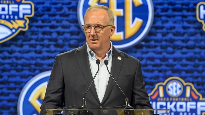 Jul 17, 2023; Nashville, TN, USA; SEC commissioner Greg Sankey  talks with the media during SEC Media Days at Grand Hyatt. Mandatory Credit: Steve Roberts-USA TODAY Sports