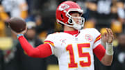 Dec 25, 2024; Pittsburgh, Pennsylvania, USA;  Kansas City Chiefs quarterback Patrick Mahomes (15) passes against the Pittsburgh Steelers during the second quarter at Acrisure Stadium. Mandatory Credit: Charles LeClaire-Imagn Images