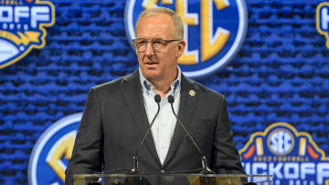 Jul 17, 2023; Nashville, TN, USA; SEC commissioner Greg Sankey  talks with the media during SEC Media Days at Grand Hyatt. Mandatory Credit: Steve Roberts-USA TODAY Sports