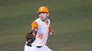 Tennessee pitcher Michael Sharman (35) pitches during a NCAA baseball game between Tennessee and St. Bonaventure at Lindsey Nelson Stadium on Friday, March 6, 2025.