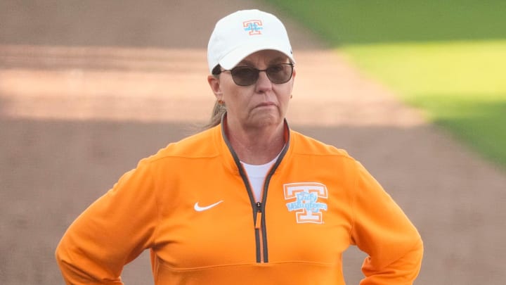 Tennessee softball coach Karen Weekly during the the NCAA college softball game against Western Carolina on Tuesday, April 1, 2025, in Knoxville, Tenn.