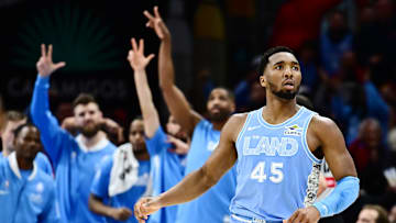 Mar 5, 2025; Cleveland, Ohio, USA; Cleveland Cavaliers guard Donovan Mitchell (45) celebrates after hitting a three point basket during the second half against the Miami Heat at Rocket Arena. Mandatory Credit: Ken Blaze-Imagn Images