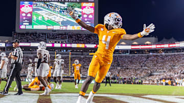 Sep 27, 2025; Starkville, Mississippi, USA; Tennessee Volunteers wide receiver Mike Matthews (4) reacts after winning the game against the Mississippi State Bulldogs at Davis Wade Stadium at Scott Field. Mandatory Credit: Wesley Hale-Imagn Images