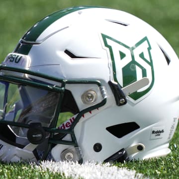 Sep 9, 2023; Laramie, Wyoming, USA; A general view of the  Portland State Vikings helmet against the Wyoming Cowboys before game at Jonah Field at War Memorial Stadium. Mandatory Credit: Troy Babbitt-USA TODAY Sports