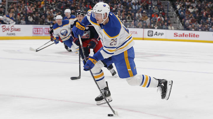 Apr 10, 2025; Columbus, Ohio, USA; Buffalo Sabres left wing Beck Malenstyn (29) wrists a shot on goal against the Columbus Blue Jackets during the first period at Nationwide Arena. Mandatory Credit: Russell LaBounty-Imagn Images