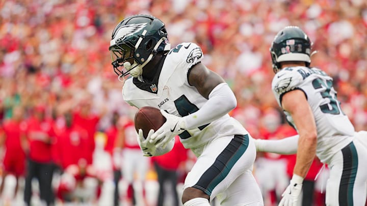 Sep 14, 2025; Kansas City, Missouri, USA; Philadelphia Eagles safety Andrew Mukuba (24) returns an interception a pass during the second half against the Kansas City Chiefs at GEHA Field at Arrowhead Stadium. Mandatory Credit: Jay Biggerstaff-Imagn Images