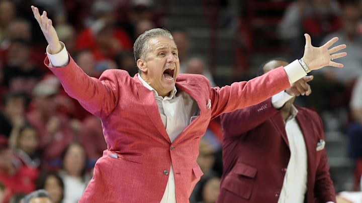 Arkansas Razorbacks head coach John Calipari reacts during the game against the Alabama Crimson Tide at Bud Walton Arena. Alabama won 85-81. Arkansas Razorbacks head coach John Calipari reacts during the game against the Alabama Crimson Tide at Bud Walton Arena. Alabama won 85-81.