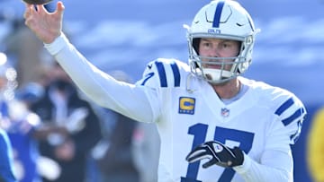 Jan 9, 2021; Orchard Park, New York, USA; Indianapolis Colts quarterback Philip Rivers (17) warms up prior to a playoff game against the Buffalo Bills at Bills Stadium. 