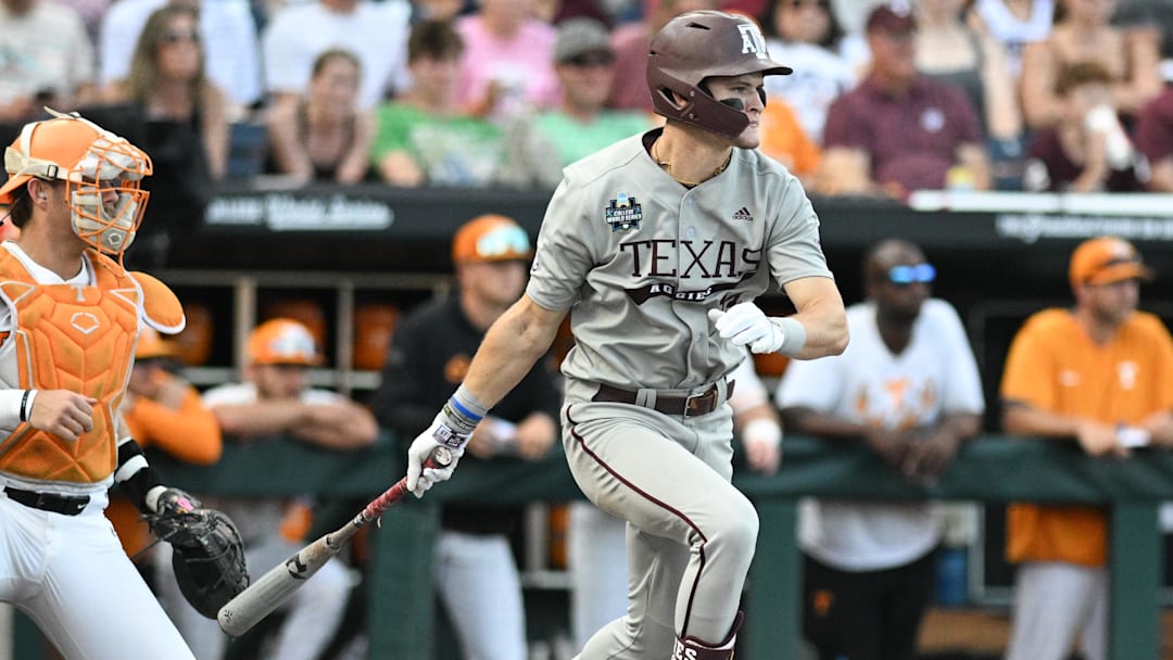 Texas A&M Aggies left fielder Caden Sorrell drives in a run against the Tennessee Volunteers.