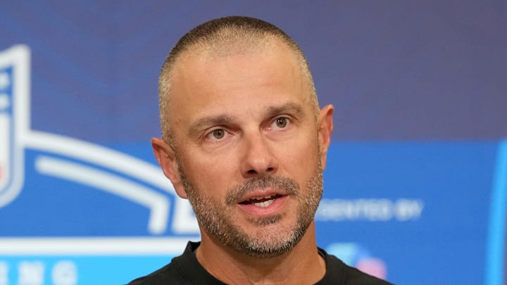 Feb 24, 2026; Indianapolis, IN, USA; Las Vegas Raiders general manager John Spytek speaks at the NFL Scouting Combine at the Indiana Convention Center. Mandatory Credit: Kirby Lee-Imagn Images