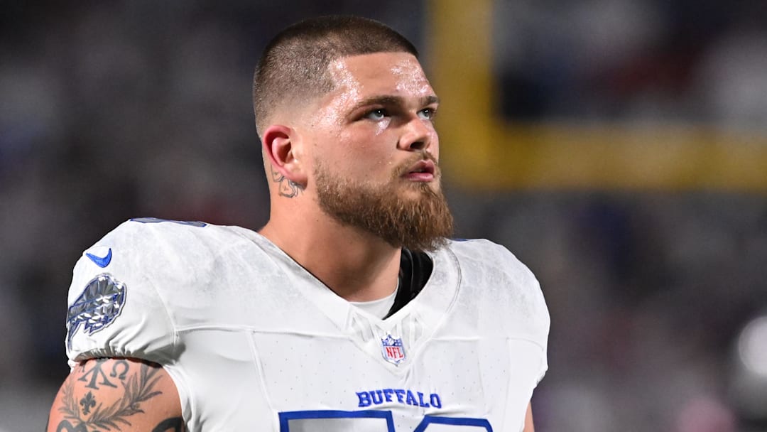 Oct 5, 2025; Orchard Park, New York, USA; Buffalo Bills offensive tackle Alec Anderson (70) practices before the game at Highmark Stadium. Mandatory Credit: Mark Konezny-Imagn Images
