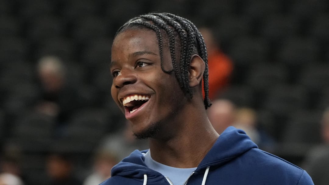 Mar 18, 2026; Greenville, SC, USA; North Carolina Tar Heels forward Caleb Wilson (8) during a practice session ahead of the first round of the men's 2026 NCAA Tournament at Bon Secours Wellness Arena. Mandatory Credit: Bob Donnan-Imagn Images