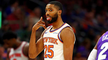 Nov 20, 2024; Phoenix, Arizona, USA; New York Knicks forward Mikal Bridges (25) reacts after a play during the fourth quarter against the Phoenix Suns at Footprint Center. Mandatory Credit: Mark J. Rebilas-Imagn Images