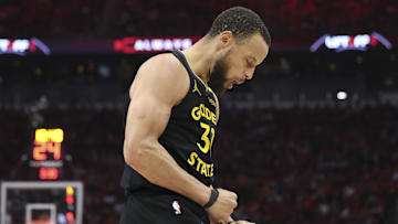 May 4, 2025; Houston, Texas, USA; Golden State Warriors guard Stephen Curry (30) reacts after a play during game seven of the first round for the 2025 NBA Playoffs against the Houston Rockets at Toyota Center. Mandatory Credit: Troy Taormina-Imagn Images