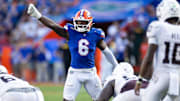 Sep 14, 2024; Gainesville, Florida, USA; Florida Gators linebacker Shemar James (6) gestures before the snap against the Texas A&M Aggies during the first half at Ben Hill Griffin Stadium. 