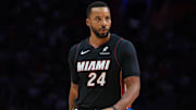 Oct 26, 2025; Miami, Florida, USA; Miami Heat guard Norman Powell (24) looks on against the New York Knicks during the first quarter at Kaseya Center. Mandatory Credit: Sam Navarro-Imagn Images