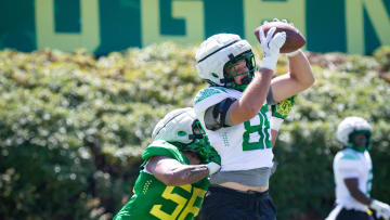 Oregon tight end Patrick Herbert snags a catch during practice with the Ducks Tuesday, Aug. 13, 2024 at the Hatfield-Dowlin Complex in Eugene, Ore.