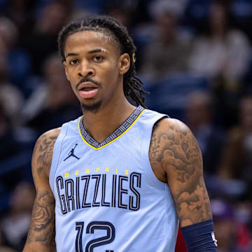 Memphis Grizzlies guard Ja Morant (12) looks on during the first half against the New Orleans Pelicans at Smoothie King Center. 