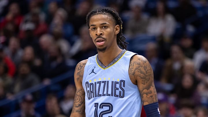 Memphis Grizzlies guard Ja Morant (12) looks on during the first half against the New Orleans Pelicans at Smoothie King Center. 