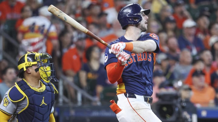 May 19, 2024; Houston, Texas, USA; Houston Astros right fielder Kyle Tucker (30) hits a three-run home run during the seventh inning against the Milwaukee Brewers at Minute Maid Park.