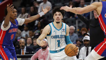 Jan 24, 2024; Detroit, Michigan, USA;  Charlotte Hornets guard LaMelo Ball (1) dribbles defended by Detroit Pistons forward Ausar Thompson (9) in the second half at Little Caesars Arena. Mandatory Credit: Rick Osentoski-USA TODAY Sports