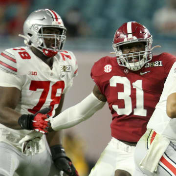 Jan 11, 2021; Miami Gardens, Florida, USA;  Alabama linebacker Will Anderson Jr. (31) pressures Ohio State quarterback Justin Fields (1) during the College Football Playoff National Championship Game in Hard Rock Stadium. Mandatory Credit: Gary Cosby-USA TODAY Sports