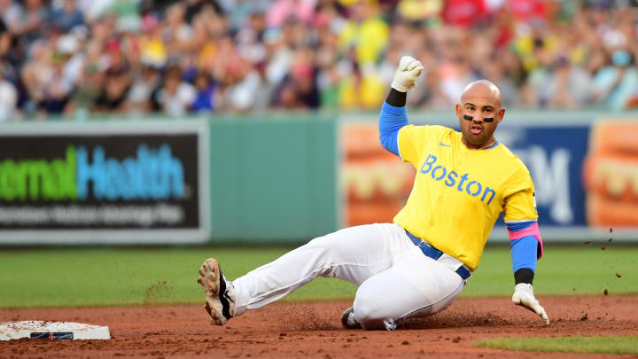 Jun 15, 2024; Boston, Massachusetts, USA;  Boston Red Sox second baseman Jamie Westbrook (73) slides into second base with an RBI double during the first inning against the New York Yankees at Fenway Park. Mandatory Credit: Bob DeChiara-USA TODAY Sports