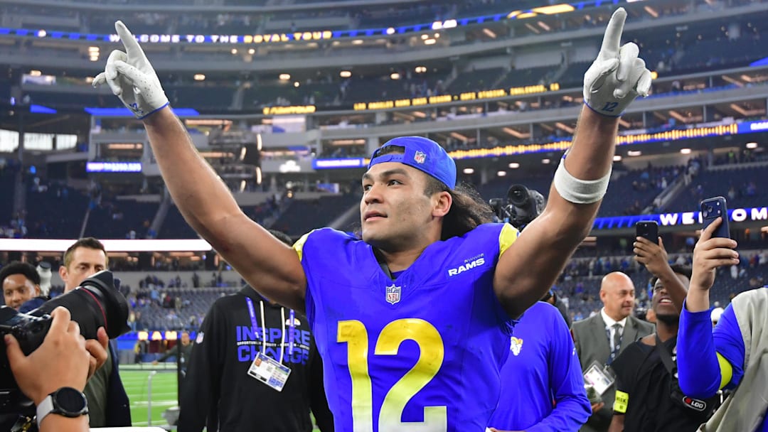 Dec 14, 2025; Inglewood, California, USA; Los Angeles Rams wide receiver Puka Nacua (12) celebrates after defeating the Detroit Lions at SoFi Stadium. Mandatory Credit: Gary A. Vasquez-Imagn Images