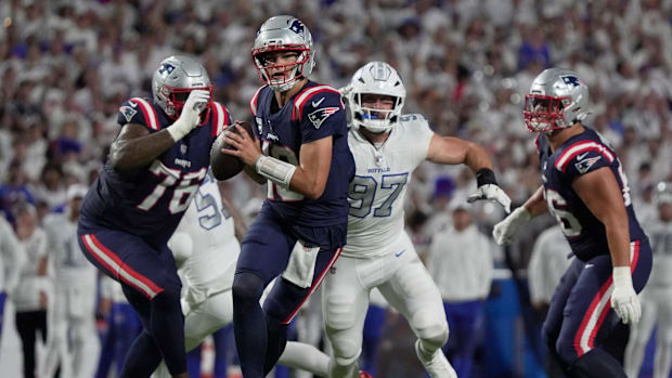 Drake Maye in the pocket against Buffalo