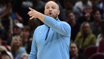 Apr 10, 2024; Cleveland, Ohio, USA; Memphis Grizzlies head coach Taylor Jenkins reacts during the second half against the Cleveland Cavaliers at Rocket Mortgage FieldHouse. Mandatory Credit: Ken Blaze-USA TODAY Sports