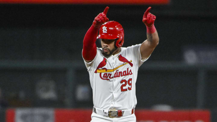 Aug 6, 2024; St. Louis, Missouri, USA;  St. Louis Cardinals left fielder Tommy Pham (29) reacts after hitting a double against the Tampa Bay Rays during the seventh inning at Busch Stadium. Mandatory Credit: Jeff Curry-USA TODAY Sports