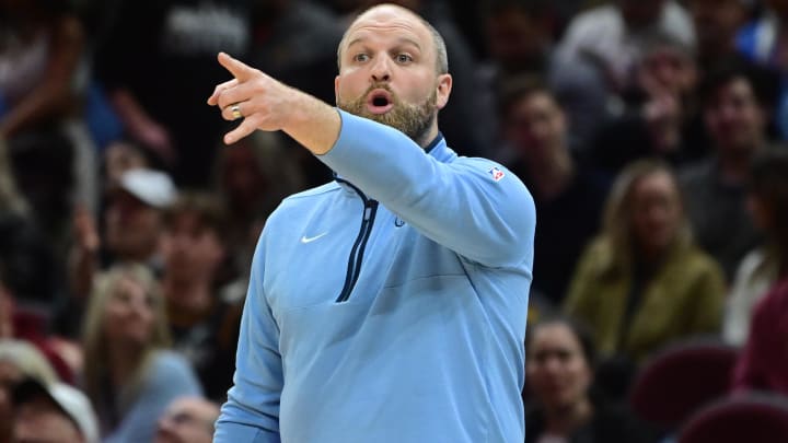 Apr 10, 2024; Cleveland, Ohio, USA; Memphis Grizzlies head coach Taylor Jenkins reacts during the second half against the Cleveland Cavaliers at Rocket Mortgage FieldHouse. Mandatory Credit: Ken Blaze-USA TODAY Sports