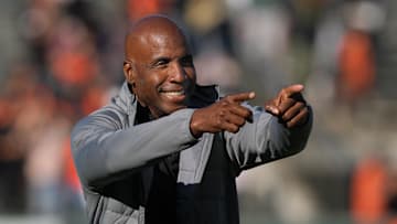 Aug 12, 2023; San Francisco, California, USA; San Francisco Giants former left fielder Barry Bonds gestures on the field before the game against the Texas Rangers at Oracle Park. 