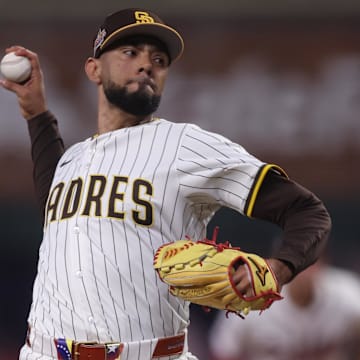 Jul 15, 2025; Cumberland, Georgia, USA; National League pitcher Robert Suarez (75) of the San Diego Padres pitches in the ninth inning during the 2025 MLB All Star Game at Truist Park. Mandatory Credit: Brett Davis-Imagn Images