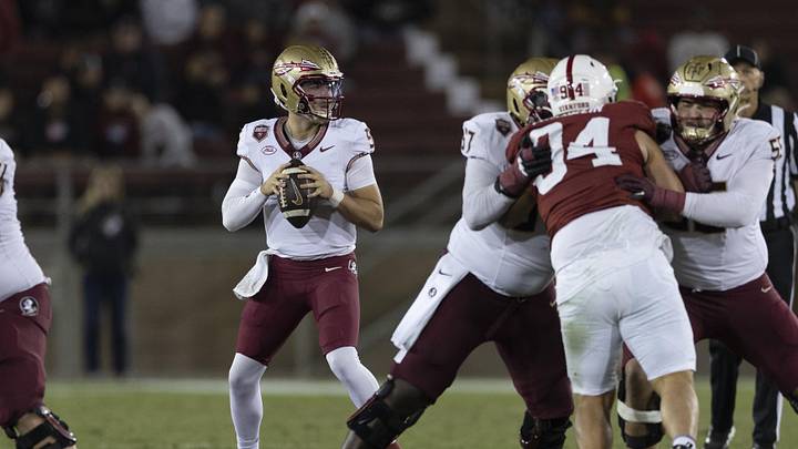 Oct 18, 2025; Stanford, California, USA;  Florida State Seminoles quarterback Kevin Sperry (9) looks to throw the football during the fourth quarter against the Stanford Cardinal at Stanford Stadium. Mandatory Credit: Stan Szeto-Imagn Images