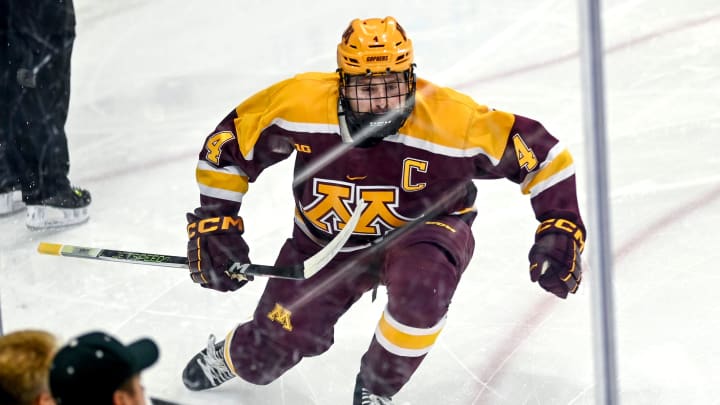 Minnesota's Mike Koster celebrates his goal against Michigan State during the first period on Friday, Jan. 26, 2024, at Munn Arena in East Lansing.