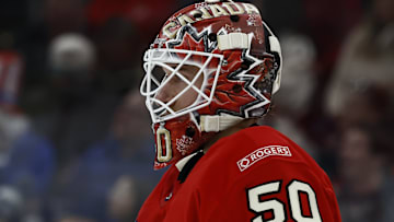 Feb 20, 2025; Boston, MA, USA; [Imagn Images direct customers only] Team Canada goaltender Jordan Binnington (50) during the 4 Nations Face-Off ice hockey championship game against the United States at TD Garden. Mandatory Credit: Winslow Townson-Imagn Images