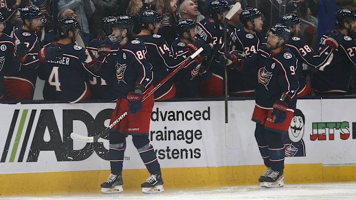 Feb 25, 2025; Columbus, Ohio, USA; Columbus Blue Jackets right wing Kirill Marchenko (86) celebrates his goal against the Dallas Stars during the first period at Nationwide Arena. Mandatory Credit: Russell LaBounty-Imagn Images Feb 25, 2025; Columbus, Ohio, USA; Columbus Blue Jackets right wing Kirill Marchenko (86) celebrates his goal against the Dallas Stars during the first period at Nationwide Arena. Mandatory Credit: Russell LaBounty-Imagn Images
